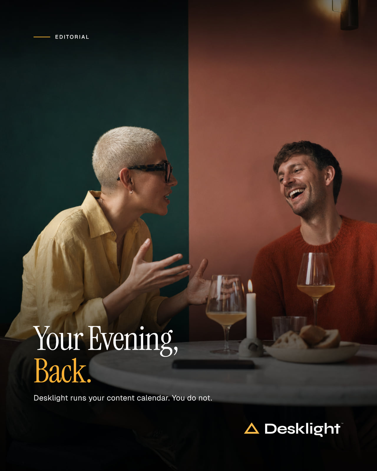 Desklight-rendered evening campaign post generated by GPT Image 2, 4:5 Instagram aspect