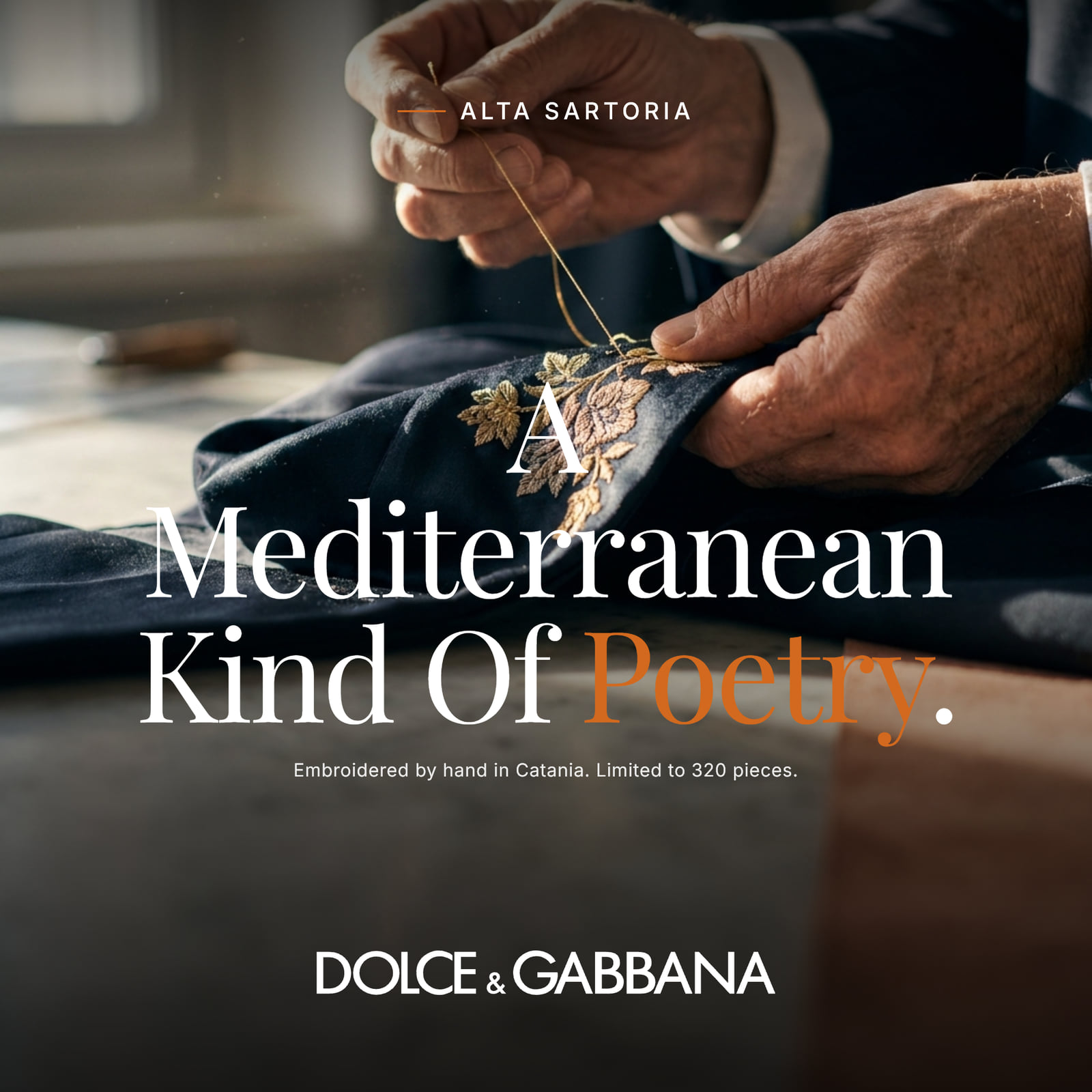 Desklight-rendered editorial poster for Dolce & Gabbana — A Mediterranean Kind Of Poetry, hand-embroidered in Catania, limited to 320 pieces.
