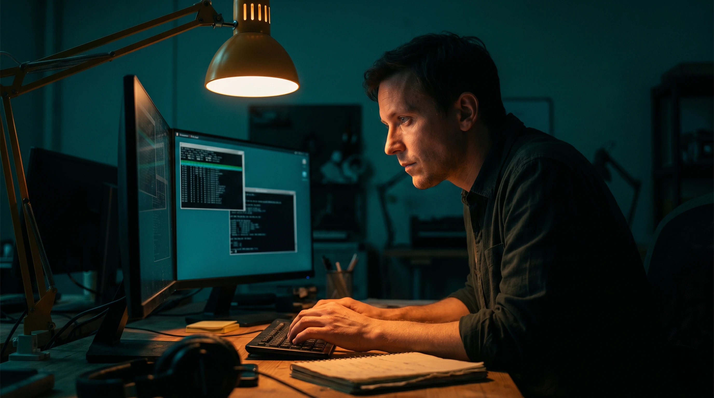 A solo operator at a dim late-evening studio workstation, leaning forward to examine multiple terminal windows on dark monitors. A single overhead architect's lamp casts a warm amber pool of light across their hands and the desk surface; the rest of the room recedes into emerald-blue near-black darkness. Their expression is focused and contemplative — the moment of noticing something subtle that wasn't obvious a second earlier.