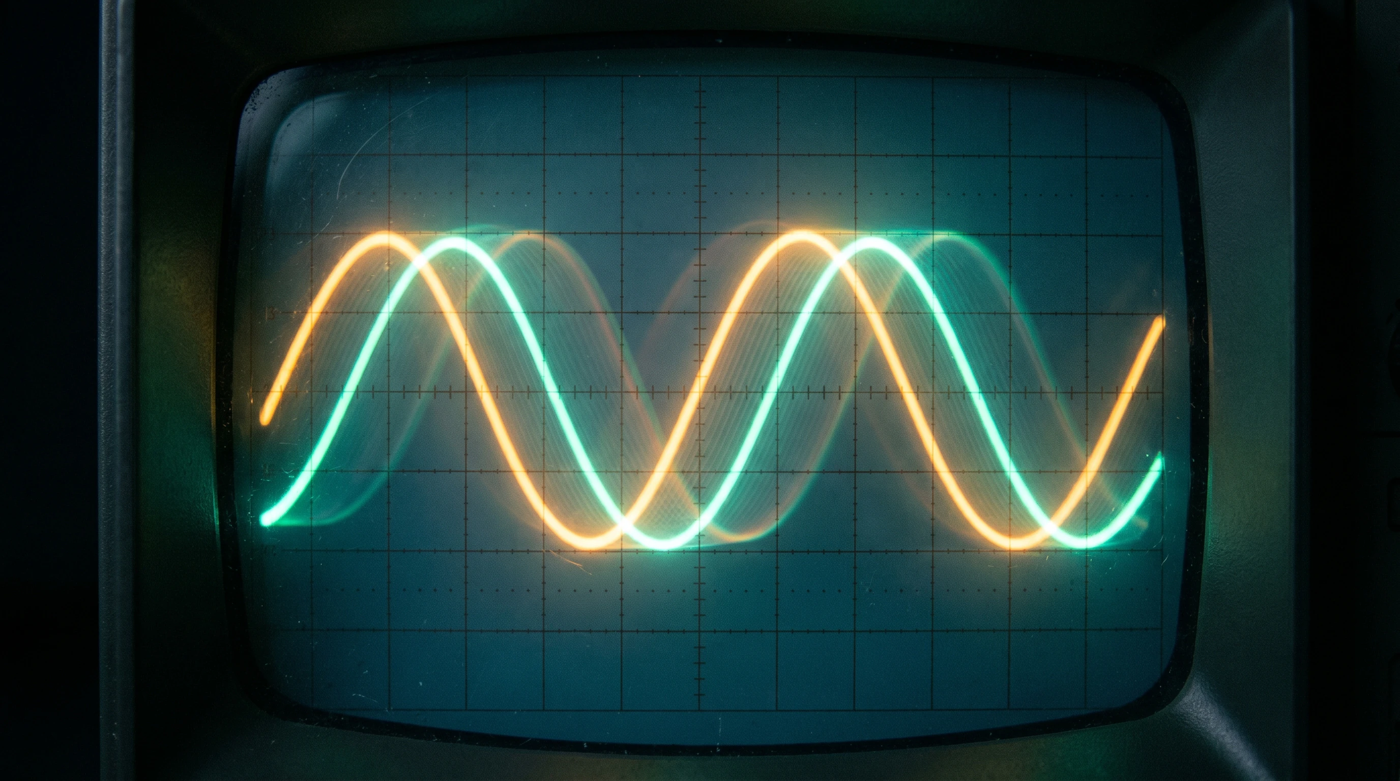 Macro photograph of a vintage analog oscilloscope's CRT phosphor screen. Two waveforms run horizontally across the same fine etched grid — one glowing in saturated amber, the other in cool teal-cyan — tracing nearly the same sinusoidal shape but drifting slowly out of phase, with their crossing points and divergences creating soft moiré interference and faint colour-blend halos through the centre of the screen. Curved-glass corners and faint dust catch the screen light; the screen edges fall off into deep emerald-blue near-black.