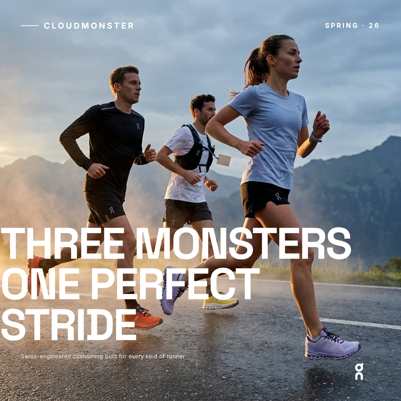 Desklight-rendered monumental poster for On — Three Monsters One Perfect Stride, Cloudmonster Spring 26, Swiss-engineered cushioning.