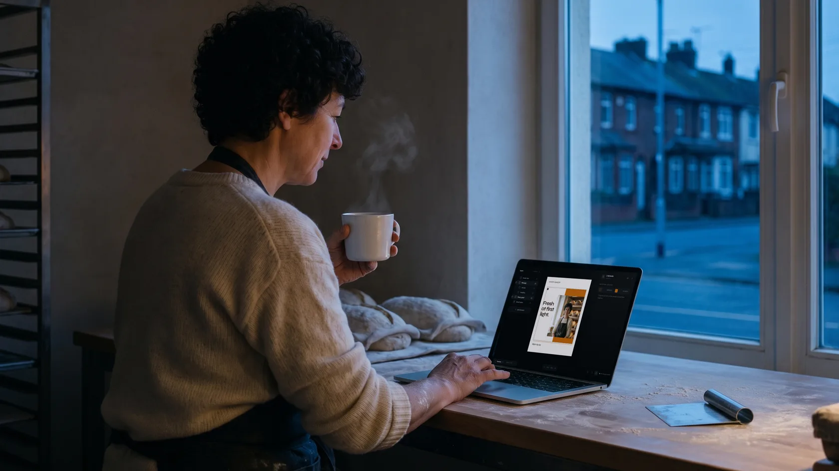 Before dawn in the bakery, the baker sits at her floured worktable with a mug of coffee, loaves rising beside her and the street outside still blue. On her laptop, her morning post is open in the Desklight editor.