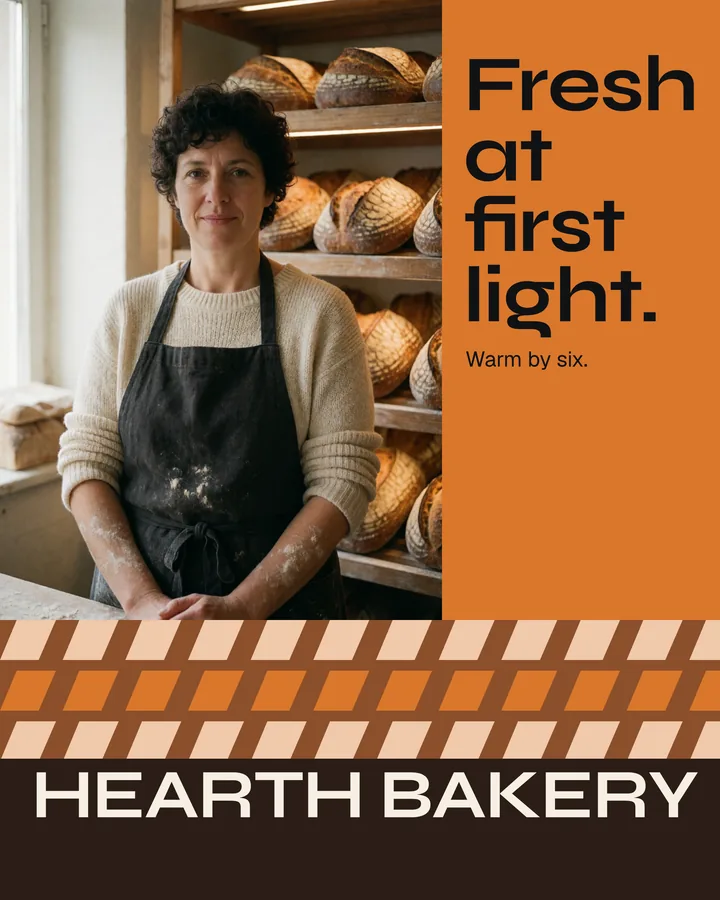 Culture collage: the baker's portrait beside an orange panel holding the headline, above a striped band and a large HEARTH BAKERY masthead.