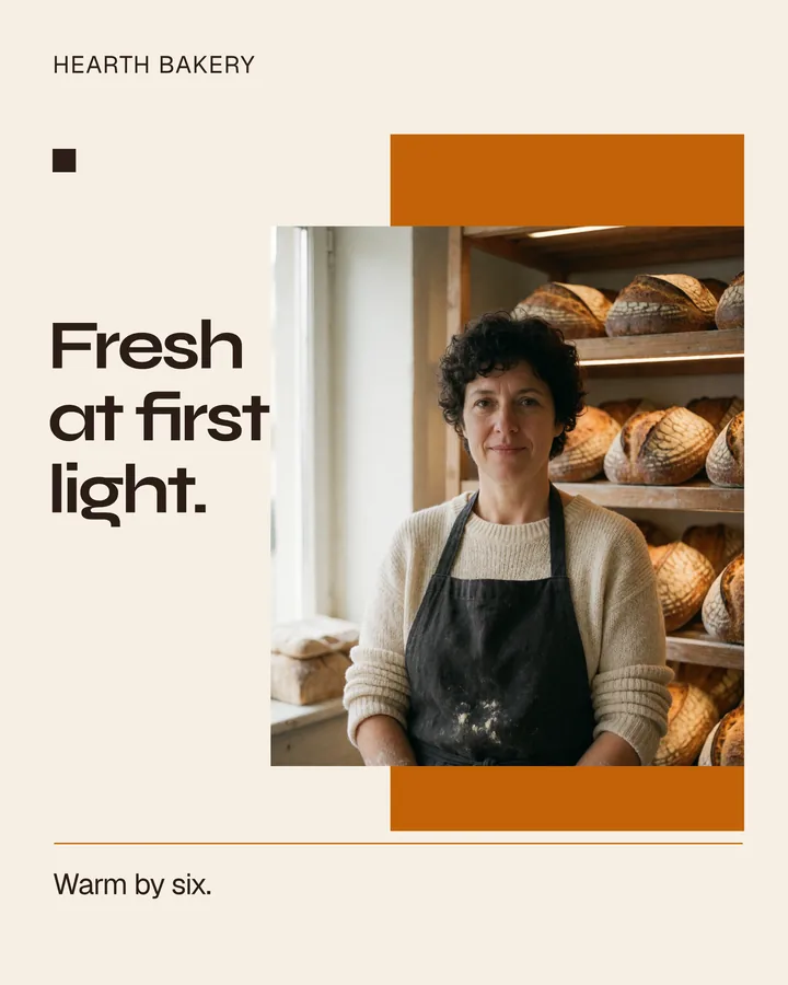 City editorial: cream ground, the headline 'Fresh at first light.' beside the baker's portrait framed by crust-orange planes, 'Warm by six.' below a rule.