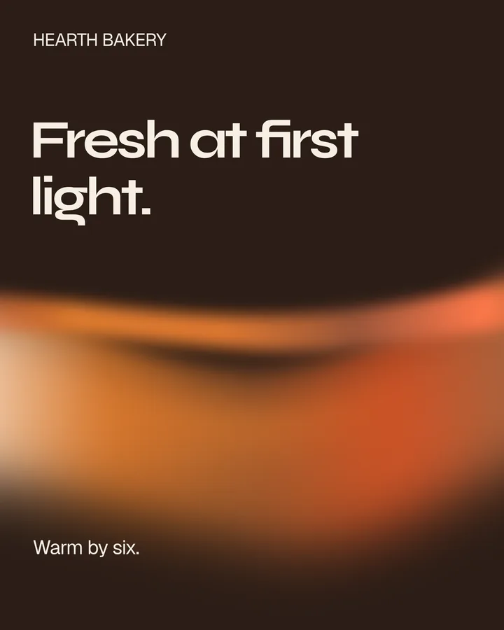 Chromatic flow: the headline over a dark ground with a soft band of orange gradient light, and 'Warm by six.' at the bottom.