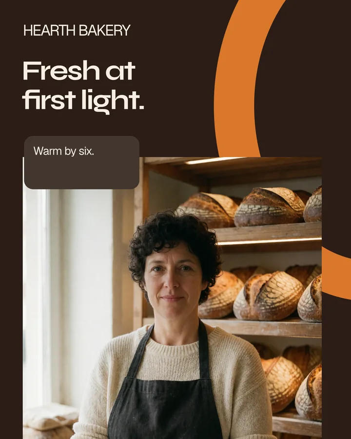 Soft geometry: dark brown ground, the headline top left, a floating label reading 'Warm by six.', the baker's portrait under a broad orange arc.