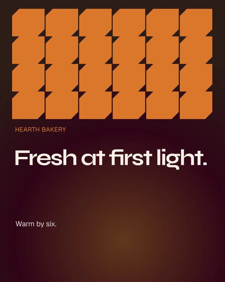 Signal pattern: a clipped-corner orange repeat over a dark plum ground, with the headline and 'Warm by six.' below.