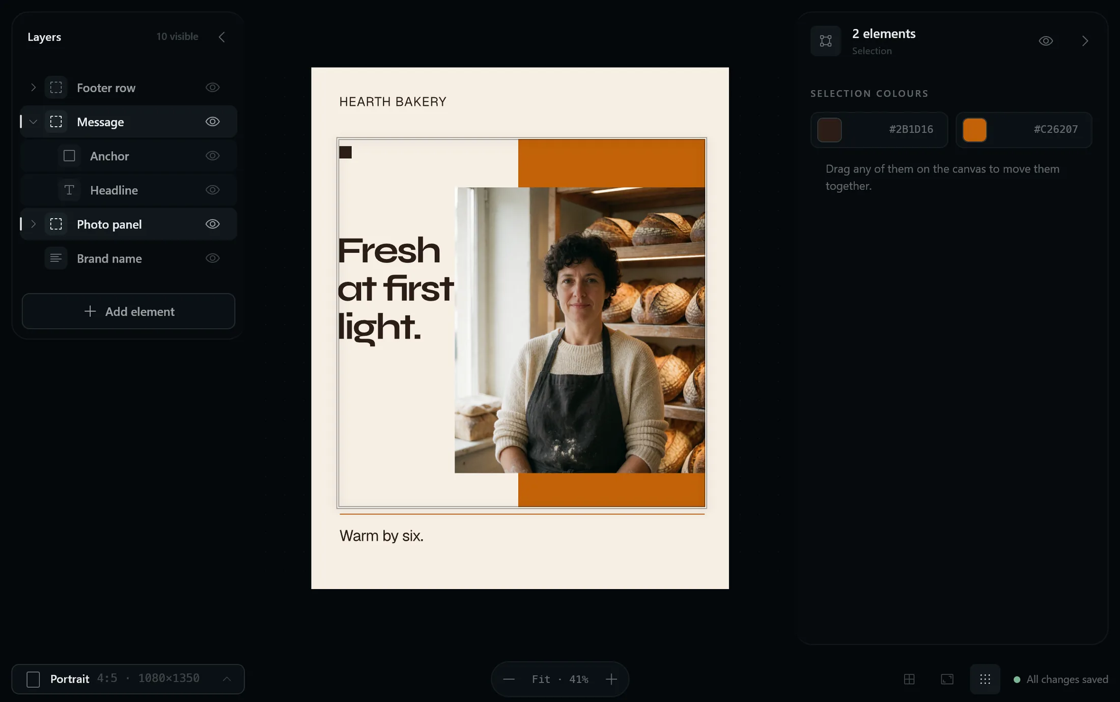 The bakery post open in the Desklight editor. The Layers panel lists Footer row, Message (open, showing Anchor and Headline), Photo panel and Brand name; Message and Photo panel are selected, and their colours, dark brown and crust orange, are listed together on the right.
