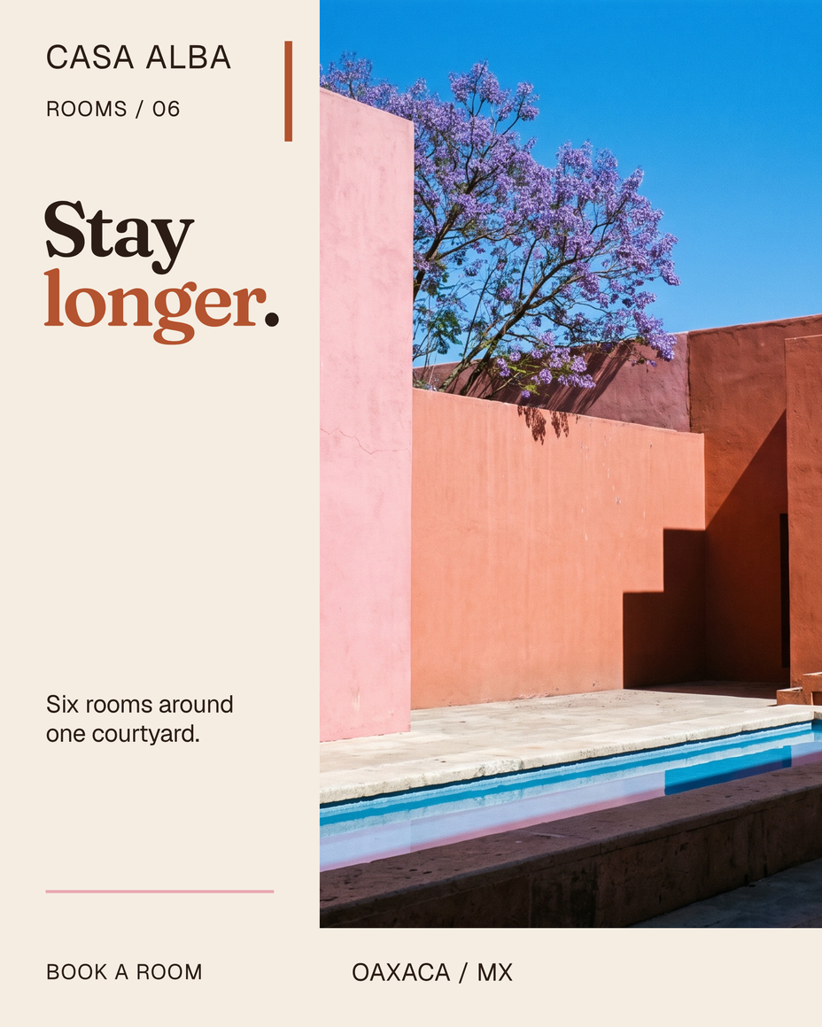 Casa Alba guesthouse: pink and terracotta courtyard walls under a blue sky, with the headline Stay longer.