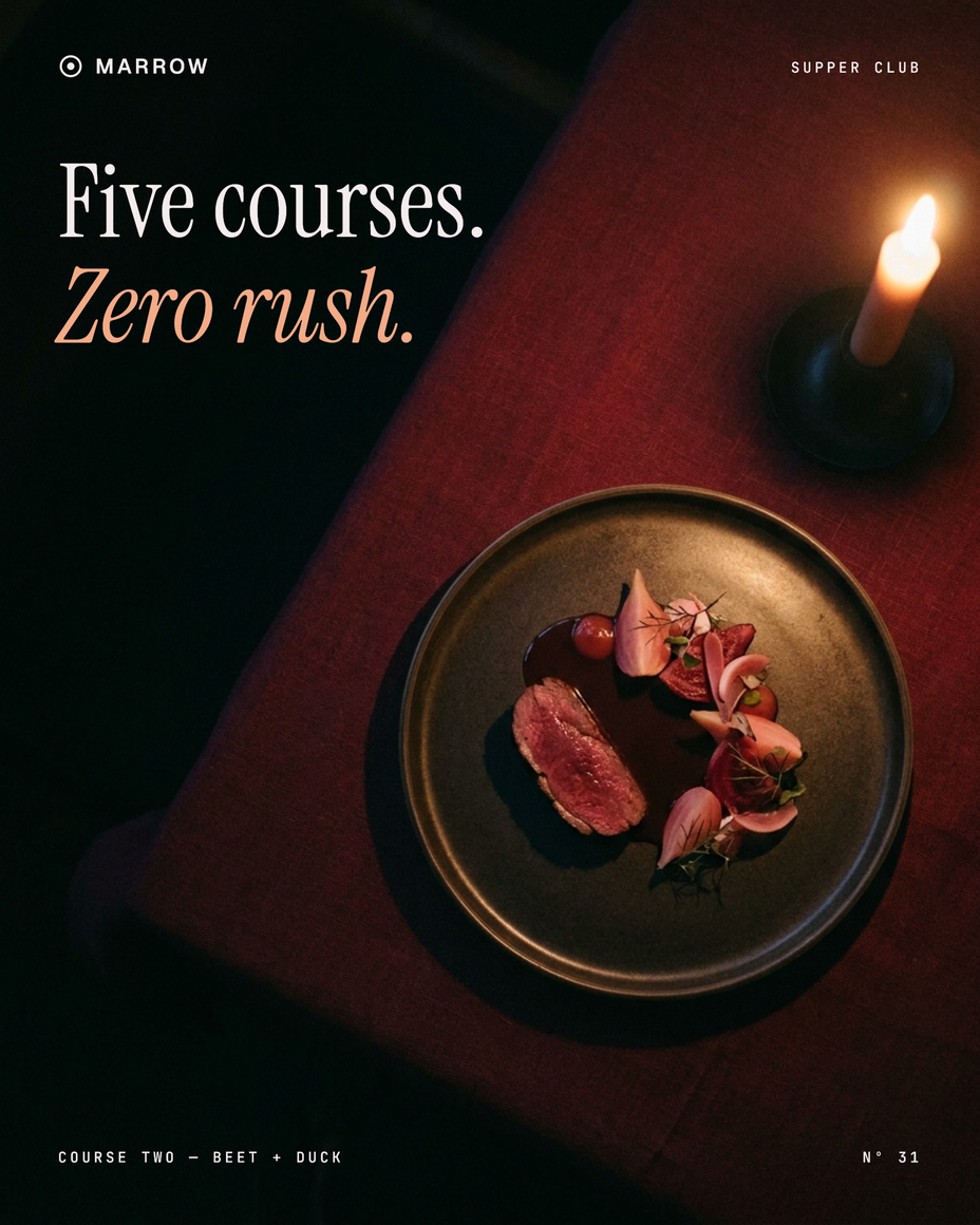 Marrow editorial poster — Five courses. Zero rush. Cream and peach serif type above a plate of food and a candle on a dark red table.