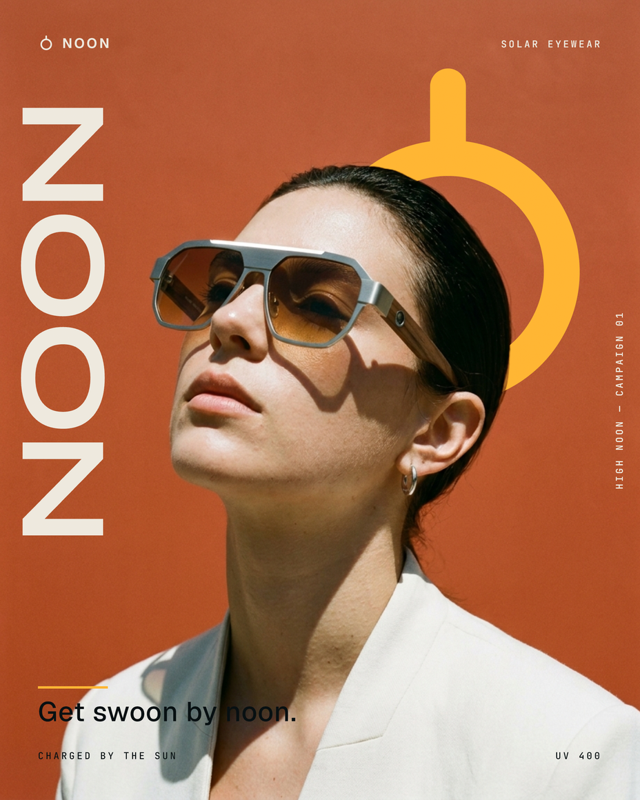 Noon eyewear campaign: sunlit portrait against terracotta, with the headline Get swoon by noon.