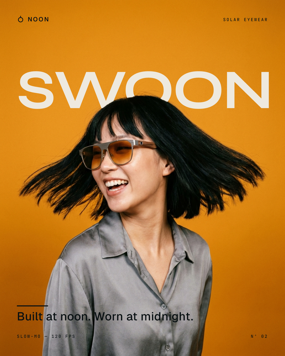 The same photo composited into a branded Noon post: monumental 'Swoon' headline behind the hair, tagline 'Built at noon. Worn at midnight.' and editorial chrome