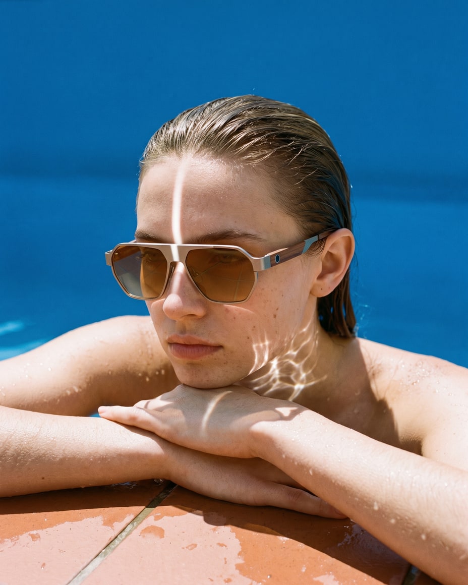 Noon motion campaign poster: poolside at hard noon